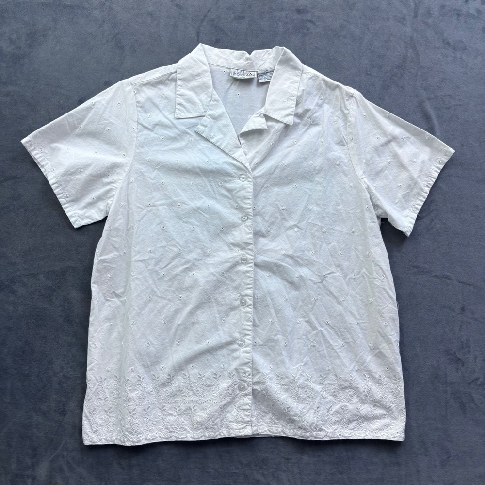 Basic Editions Plus White Eyelet Embroidered Short Sleeve Button Down Shirt 16W